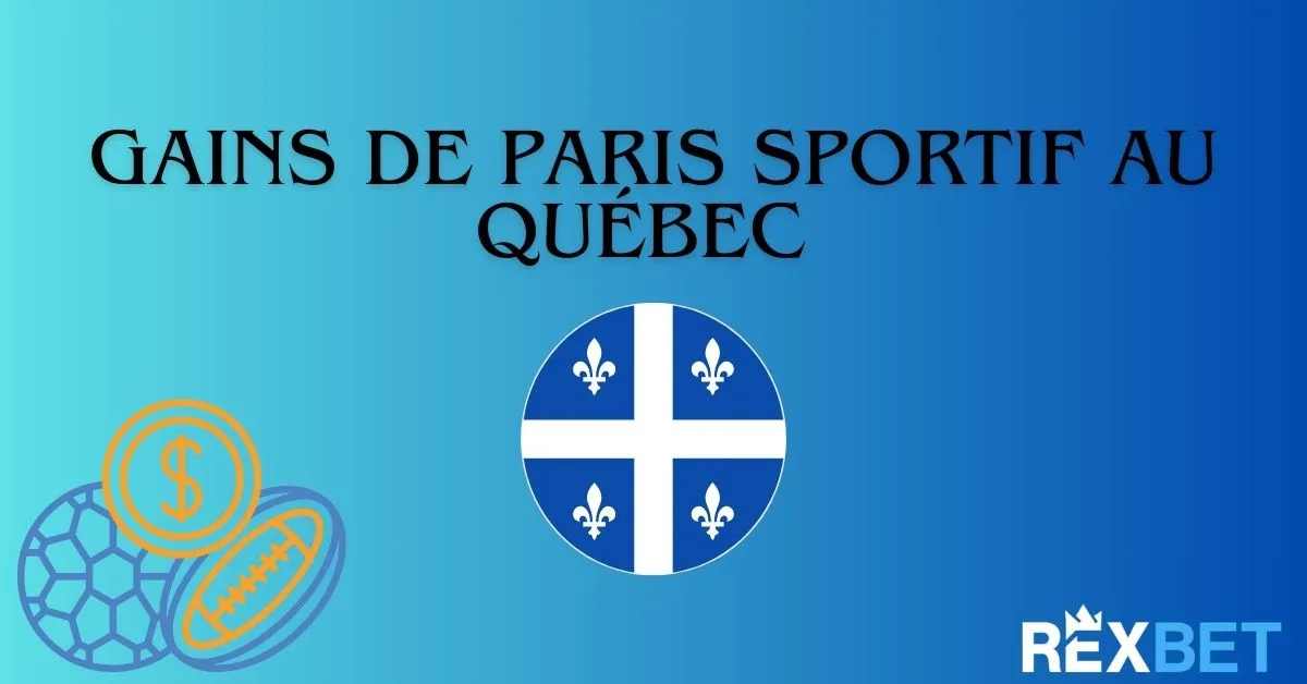 Illustration avec le texte « Gains de paris sportif au Québec », un symbole du drapeau du Québec au centre et des icônes sportives avec une pièce d’argent sur un fond dégradé bleu.