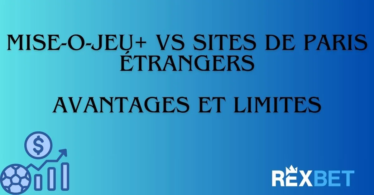Bannière avec le texte « Mise-o-Jeu+ vs sites de paris étrangers : avantages et limites » sur fond dégradé bleu avec une icône de sport et de graphique financier.