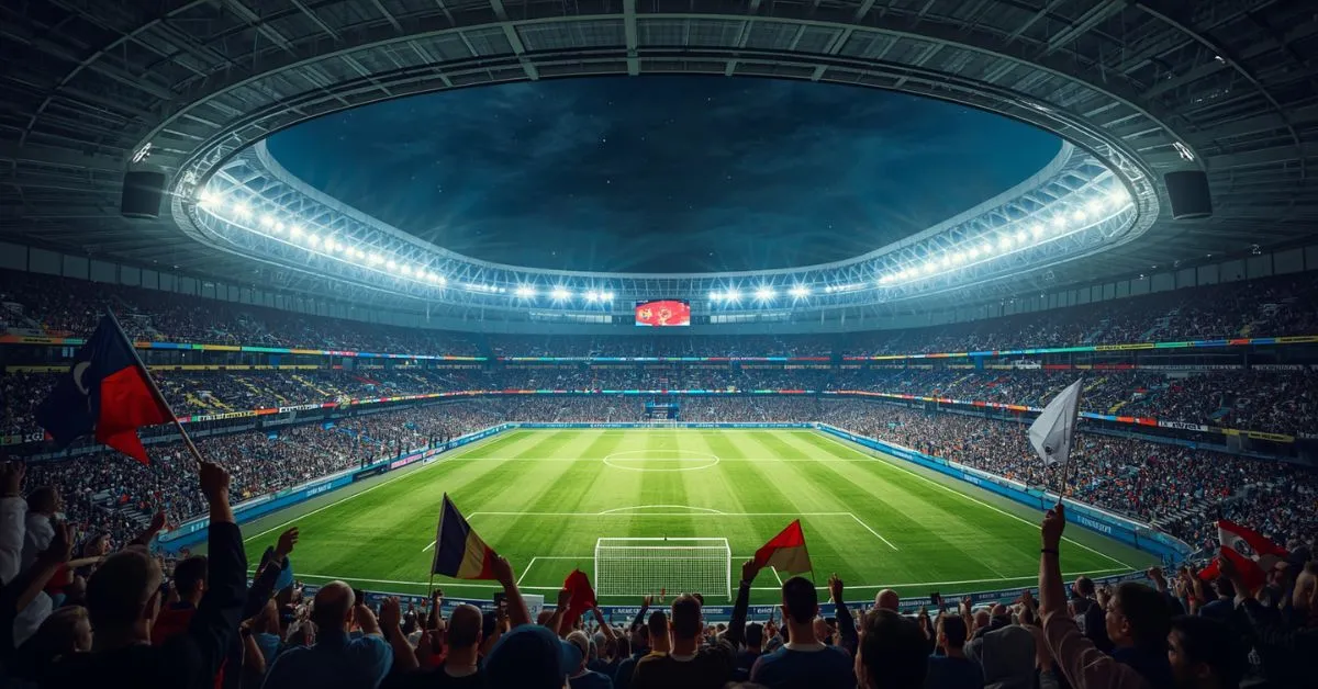 Grand stade de soccer moderne rempli de supporters avec des drapeaux internationaux, terrain prêt pour un match sous un éclairage puissant et une ambiance de compétition mondiale.