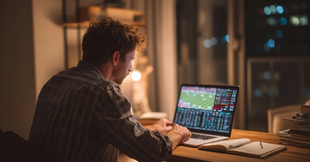 Personne analysant des cotes de paris sportifs sur un ordinateur portable pendant un match, avec un carnet de notes ouvert sur une table dans une ambiance nocturne.
